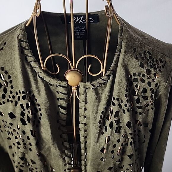 Vintage Soft Fringed Olive Green Cutwork Open Jacket Size M - Picture 3 of 7